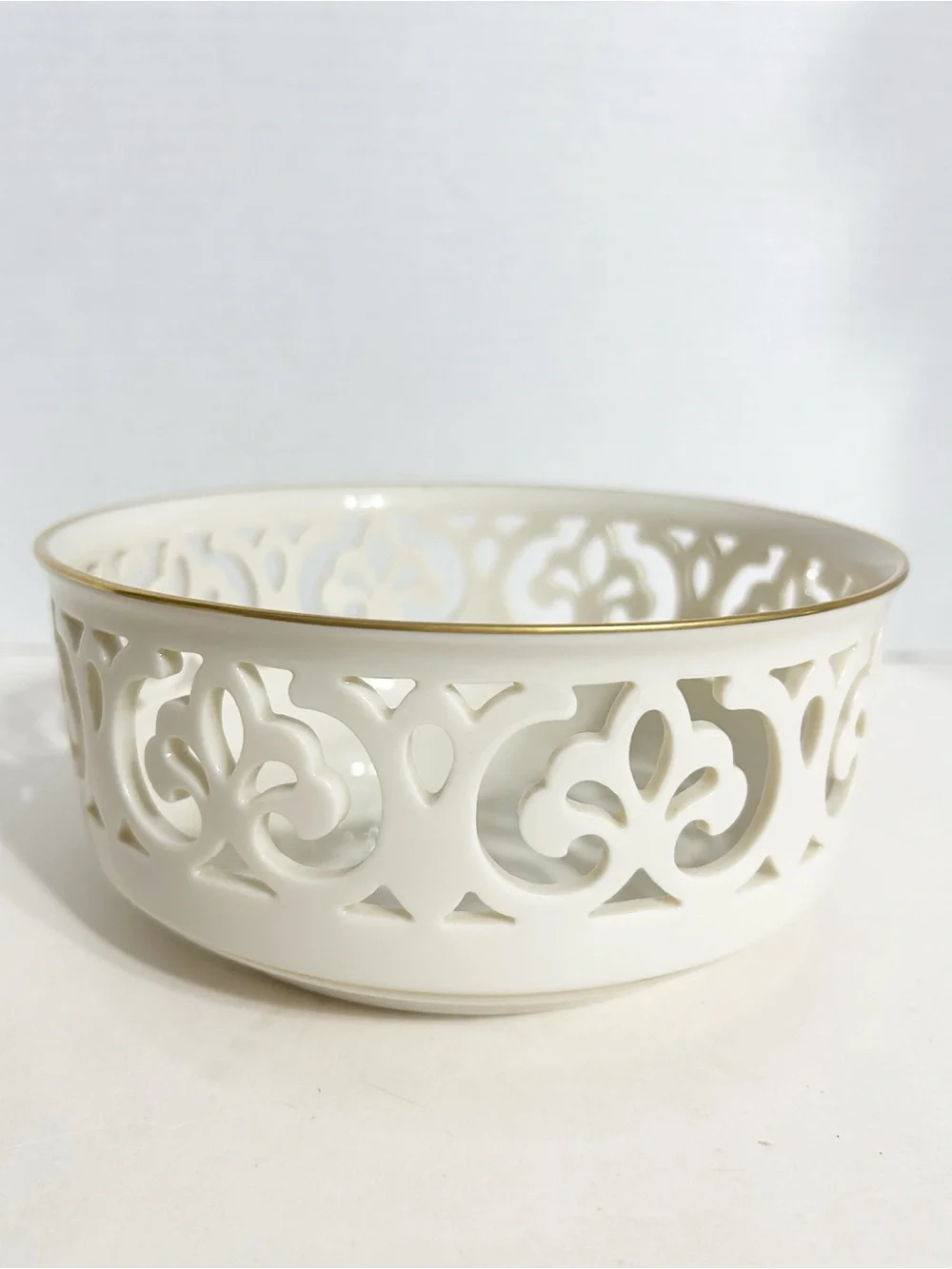 Vintage Lenox Ivory Porcelain Reticulated Openwork Bowl With Gold Trim Made-USA